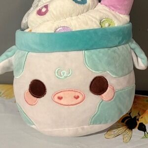 Cuddle Barn Plushgoals Cow Sundae Ice Cream Plush Teal White Spotted 8 Inch